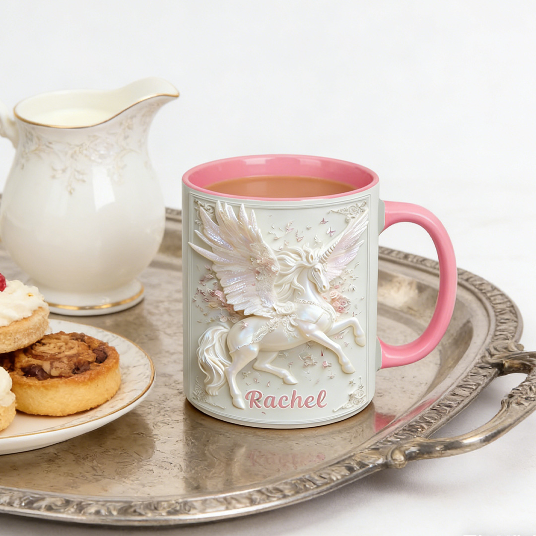 Personalized Horse Shell Pearl Pegasus Angel Mug Ceramic 3D Graphic Patterns Cup Gift for Horse Riding Equestrian Lovers