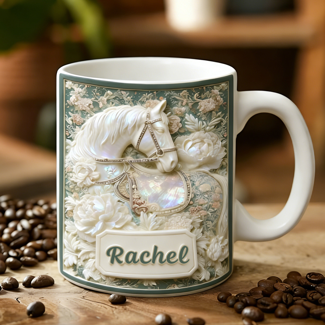 Personalized Horse Shell Pearl Floral Mug Ceramic 3D Graphic Patterns Cup Gift for Horse Riding Equestrian Lovers