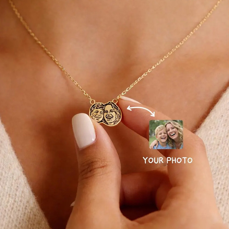 Personalized Engraved Pet Face Photo Portrait Necklace With Custom Photo for Memorial Gift, Couple Jewelry