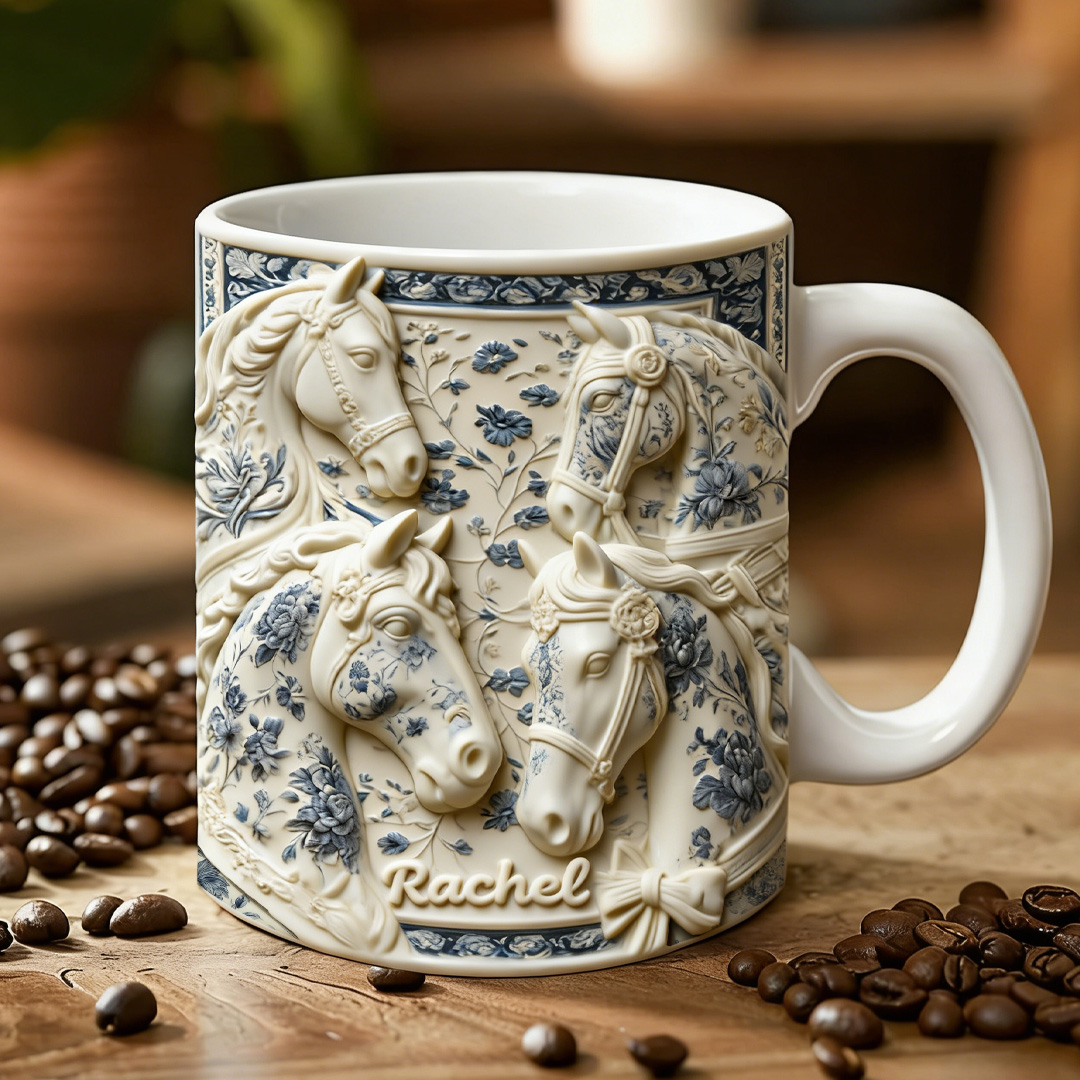 Personalized Horse Mug Ceramic Blue and White Porcelain Vintage Chinese Wares 3D Graphic Patterns Cup Gift for Horse Riding Equestrian Lovers