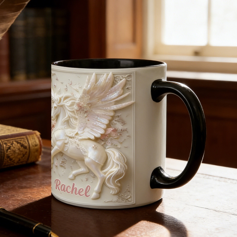 Personalized Horse Shell Pearl Pegasus Angel Mug Ceramic 3D Graphic Patterns Cup Gift for Horse Riding Equestrian Lovers