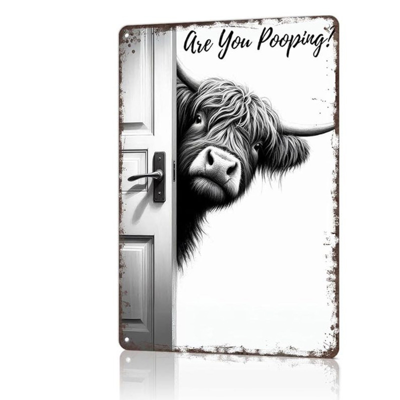 Vintage Highland Cow Metal Sign, Funny Bathroom Wall Art with Quote