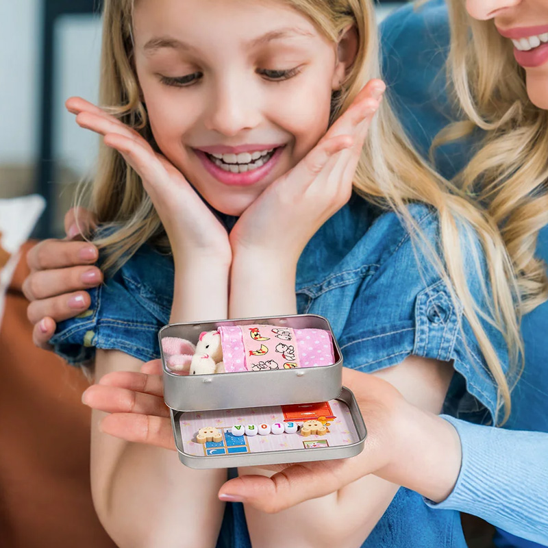 Personalized Cute Mom and Baby Plush Bunny Mini Pocket Tin Box with Colorful Name Comfort Toy Easter Birthday Gift for Kids