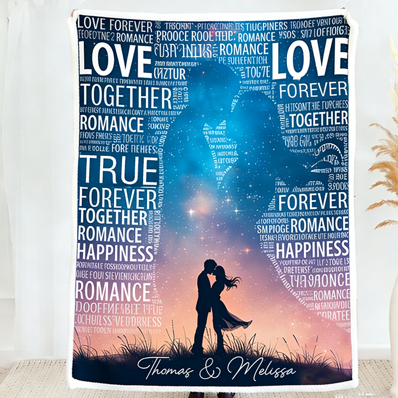 Personalized Couple Cloud Word Starry Sky Silhouette Blanket Valentine's Day Gift for Couple Cloud Word Blanket Love Story Blanket For Her