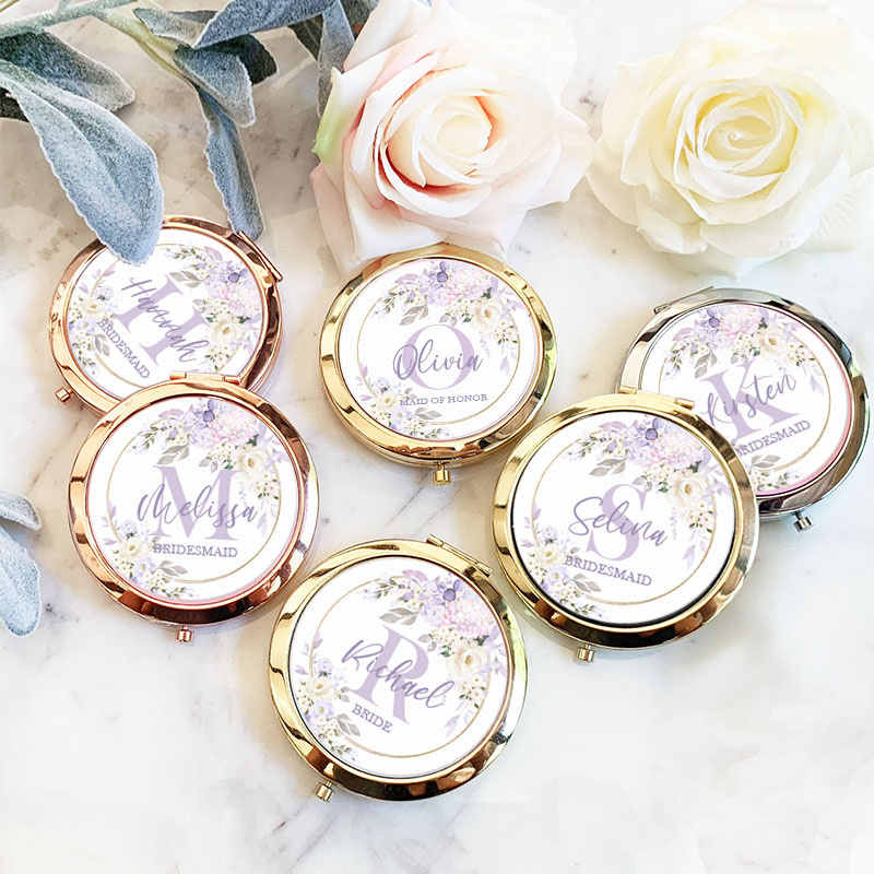 Personalized Bridesmaid Floral Wreath Mirror Custom Bride Name Compact Mirror Bachelorette Party Mirror Bridal Shower Gift for Her