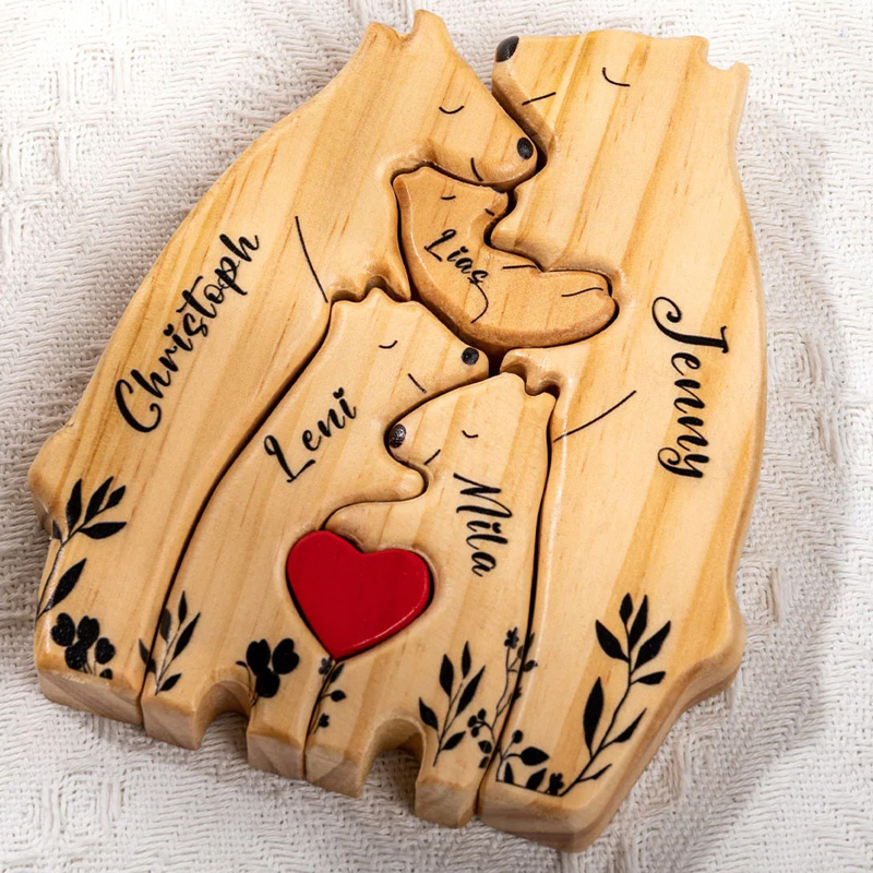 Personalized Wooden Bear Family Puzzle with 2-6 Names and Red Heart Desk Decoration Birthday Mother's Day Gift for Family