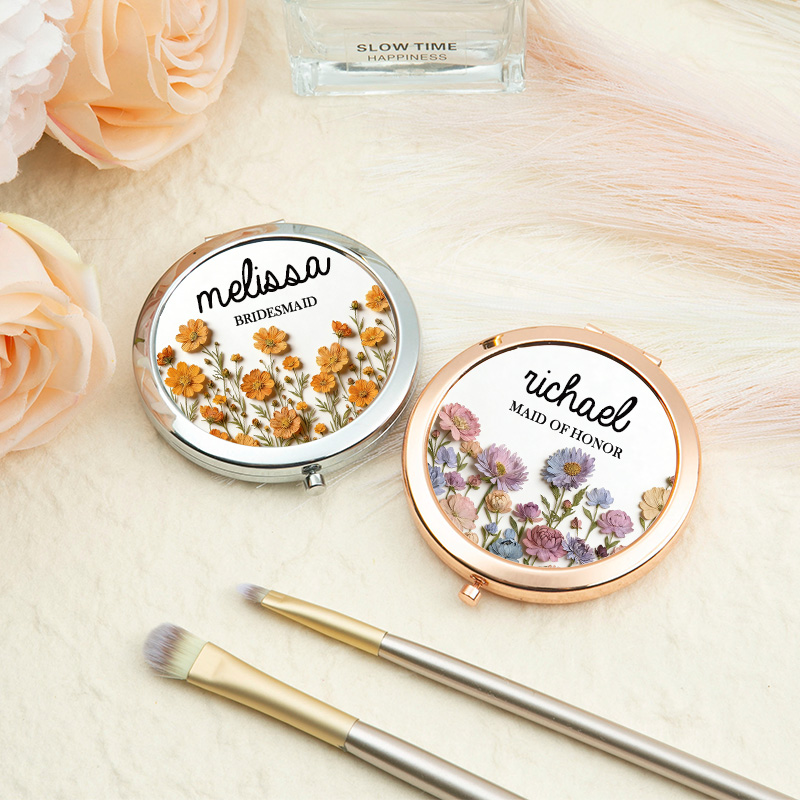Personalized Bridesmaid Compact Mirror Dried Pressed Birth Floral Compact Mirror Custom Bride Name Compact Mirror Bachelorette Party Mirror Bridal Shower Gift for Her