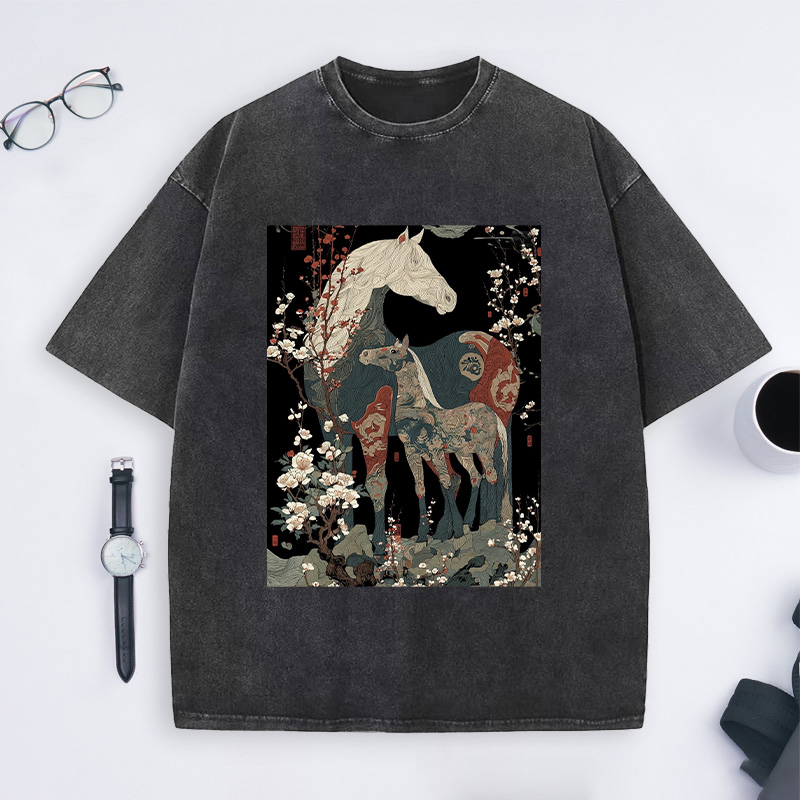 Japanese Ukiyo Horses Washed T-Shirts Gift Shirt for Riding Equestrain Lovers