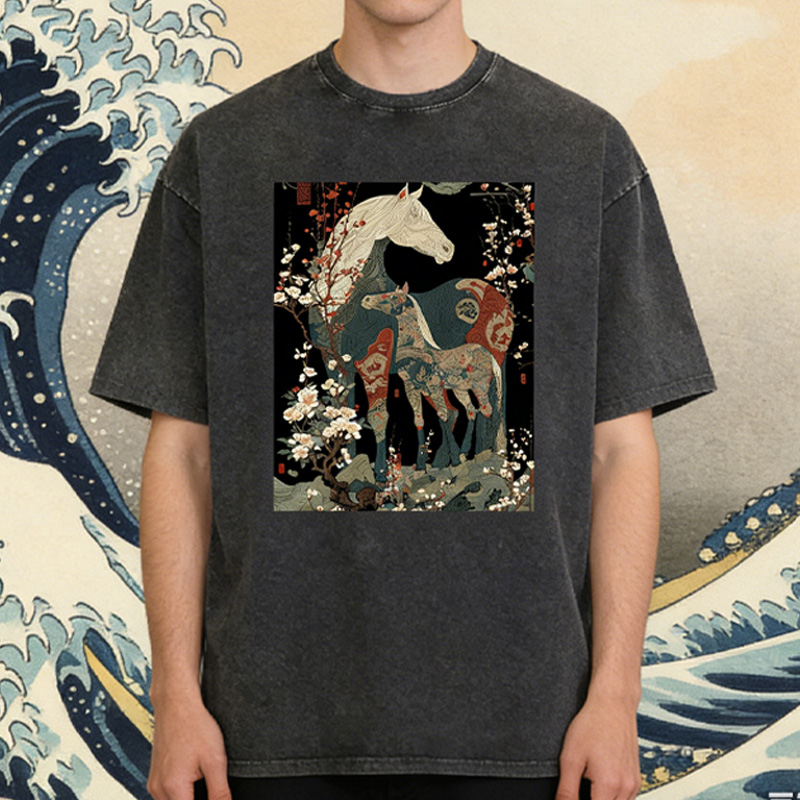 Japanese Ukiyo Horses Washed T-Shirts Gift Shirt for Riding Equestrain Lovers