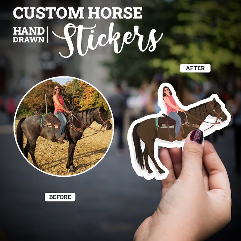 Personalized Horse Stickers Equestrian Horseback Riding Stickers Photo Drawing for Equestrian Lovers