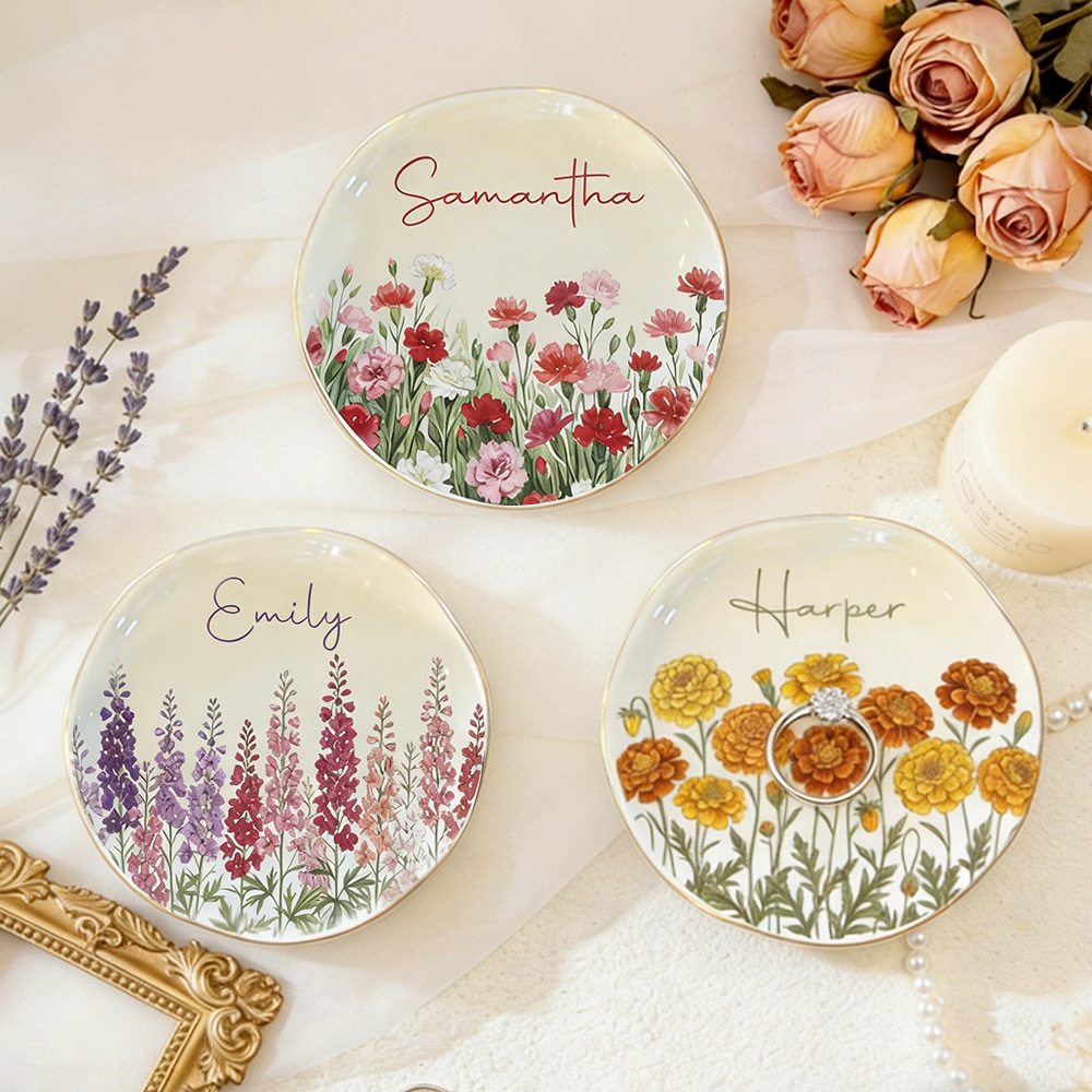 Personalized Watercolor Birth Month Flower Ring Trinket Dish Birthday Jewelry Dish Mothers Day Gift