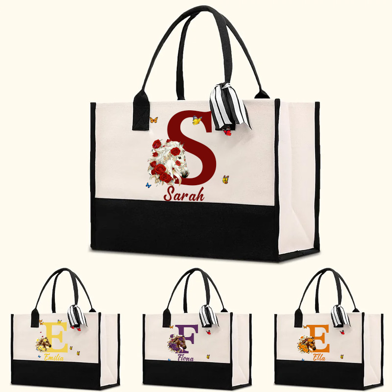 Personalized Birth Flower Bouquet Horse Large Canvas Tote Bag with Name and Initial Birthday Anniversary Gift for Equestrain Lovers