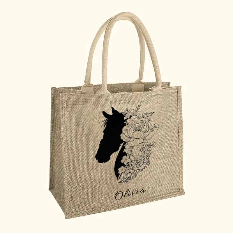Personalized Birth Flower Horse Burlap Reuseable Jute Tote Bag with Name Birthday Gift for Riding Equestrian Lovers