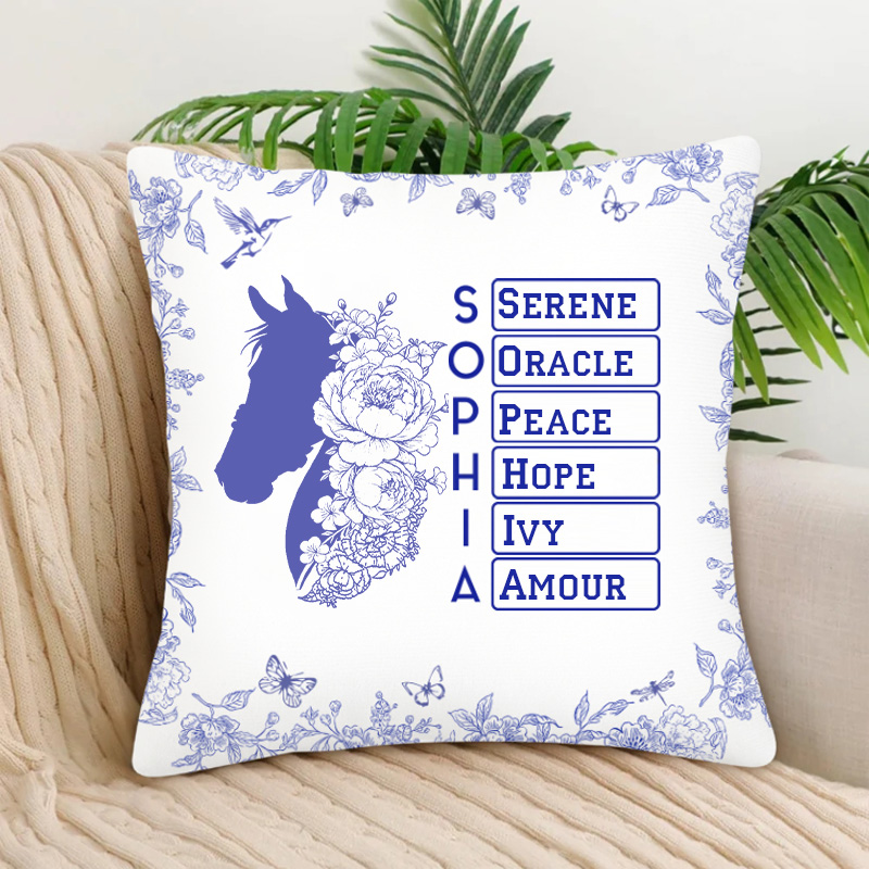 Personalized Toile De Jouy Horse Birth Flower Soft Throw Pillow Cover with Name Home Decor Birthday Gift for Equestrain Lovers
