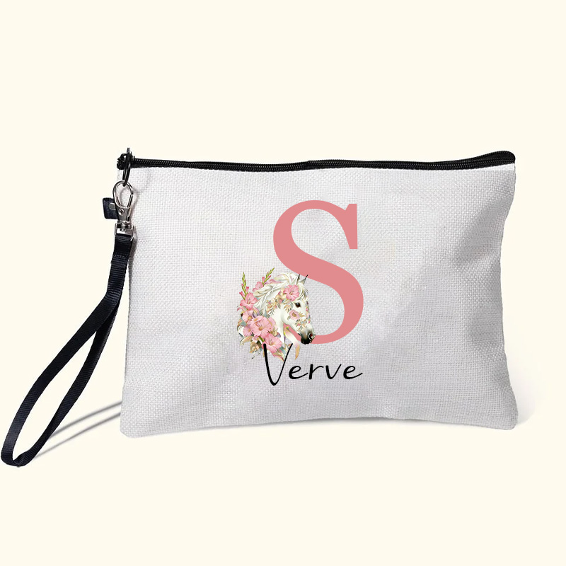 Personalized Birth Flower Horse Makeup Bag Cosmetic Bag Horse Lover Gift Linen Zipper Pouch for Equestrian Lovers