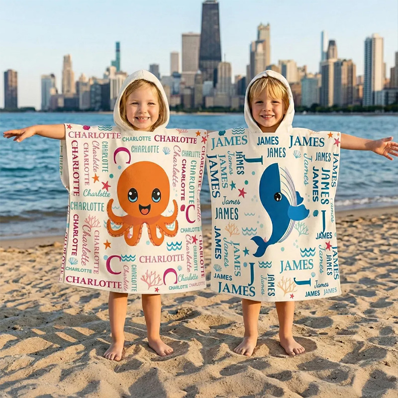 Personalized Cute And Beachy Custom Name Quick Dry Hooded Beach Towel with Name Beach Pool Essentials Birthday Gift for Kids Summer Pool Party Gift Baby Vacation Swim Poncho
