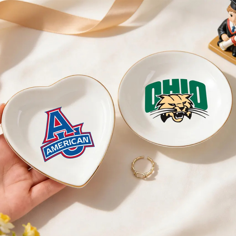 Personalized College Logo Design Heart Shape Ceramic Trinket Jewelry Dish Home Decor Graduation Gift for Graduates Women