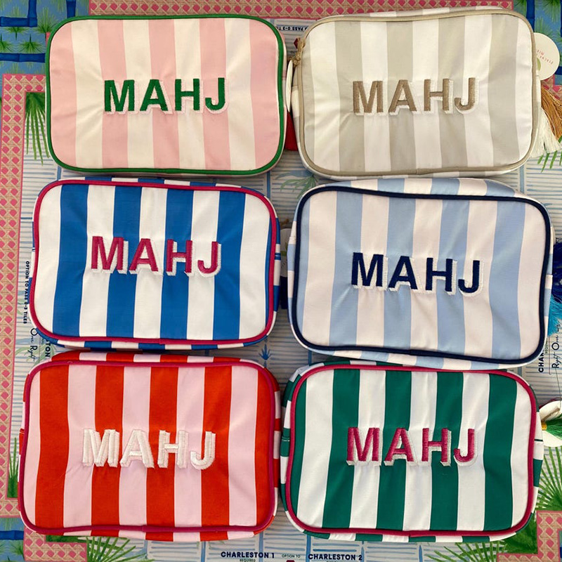 Personalized Mahjong Tile Striped Bag with Tassel Zipper Canvas Pouch Mahjong Lover Gift