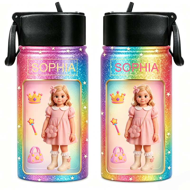 Personalized Glitter Rainbow Kids Water Bottle Custom Name Photo Thermos Cup Cute Princess Gift For Girls Design
