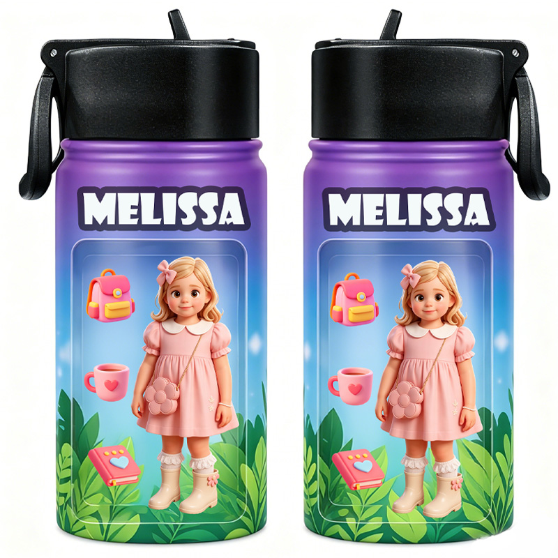 Personalized Purple Kids Water Bottle Custom Name Photo Thermos Cup Cute Floral Garden Theme Gift For Girls Design