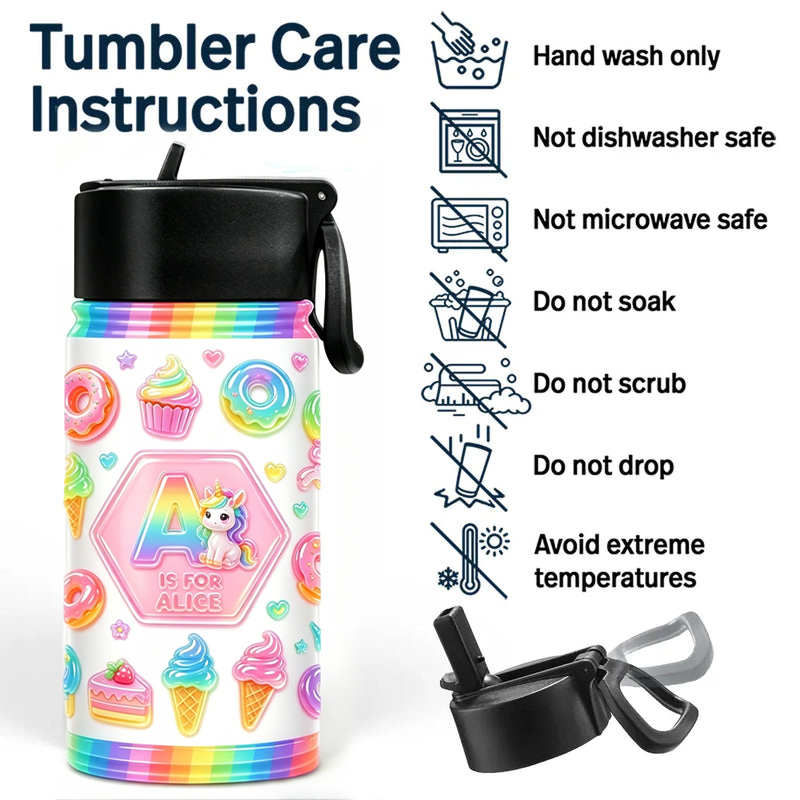 Personalized Initial Kids Water Bottle Pastel Dream Horse & Candy Rainbow Tumbler with Name Kids Gift