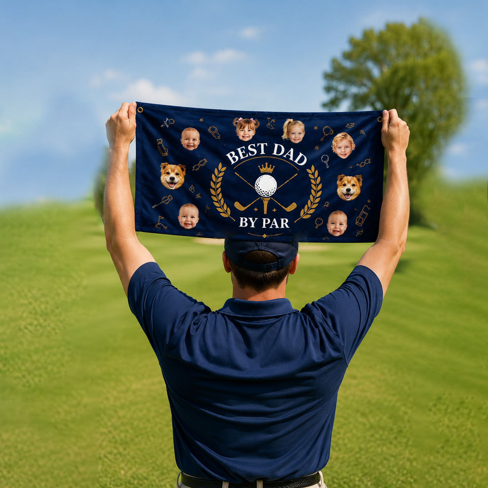Personalized Golf Towel Best Dad By Par Custom with Kids and Pets Heads Father's Day Gift