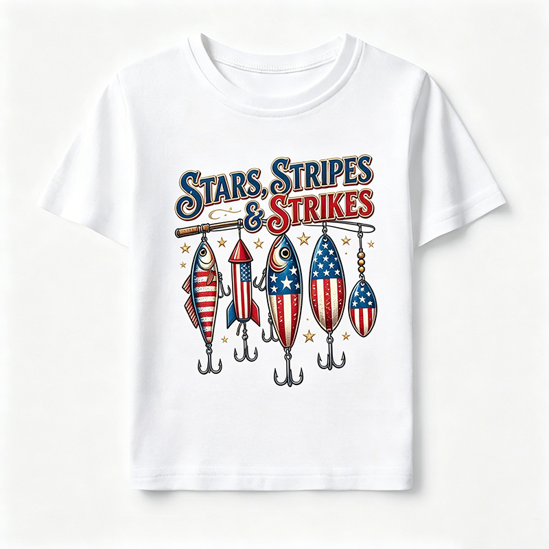 Personalized Stars Stripes And Strikes Patriotic Fishing Lures Red White Blue Fourth Of July Summer Fun Kid Shirt
