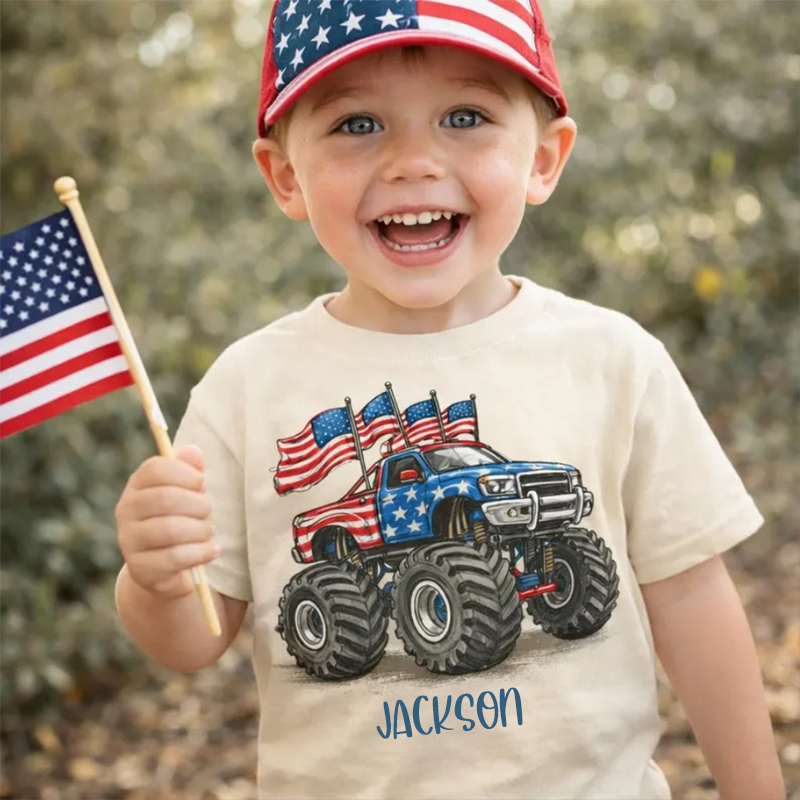 Personalized 4th Of July Monster Truck Kids T-Shirt All American Flag Tee