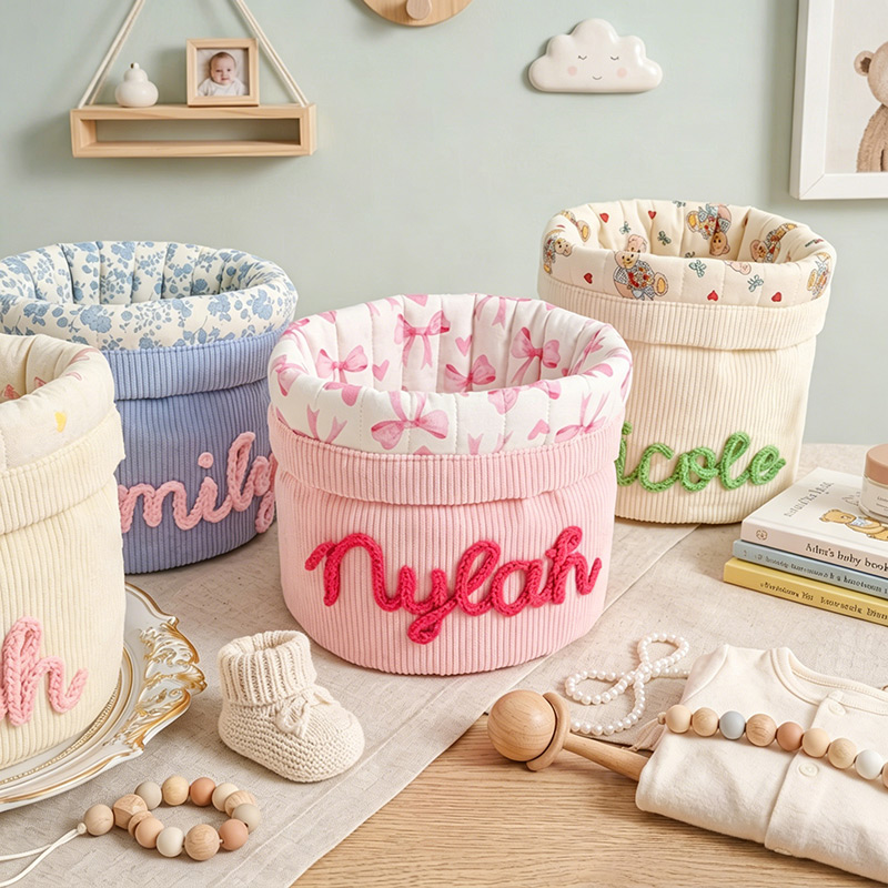 Personalized Seersucker Nursery Storage Basket Name Embroidered Baby Room Organizer Toys Wipes Caddy Makeup Bag Diaper Bag