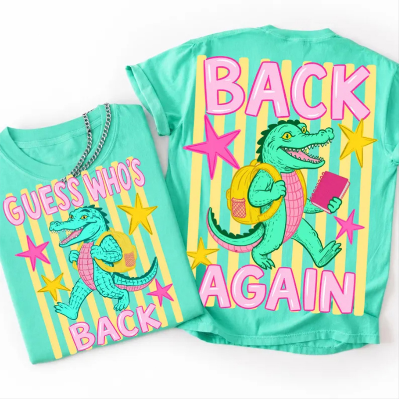 Guess Who’s Back Again Alligator T‑Shirt Cute Back to School Graphic Tee Back Again School Shirts First Day Of School Teacher Tee Kindergarten Teacher Shirt