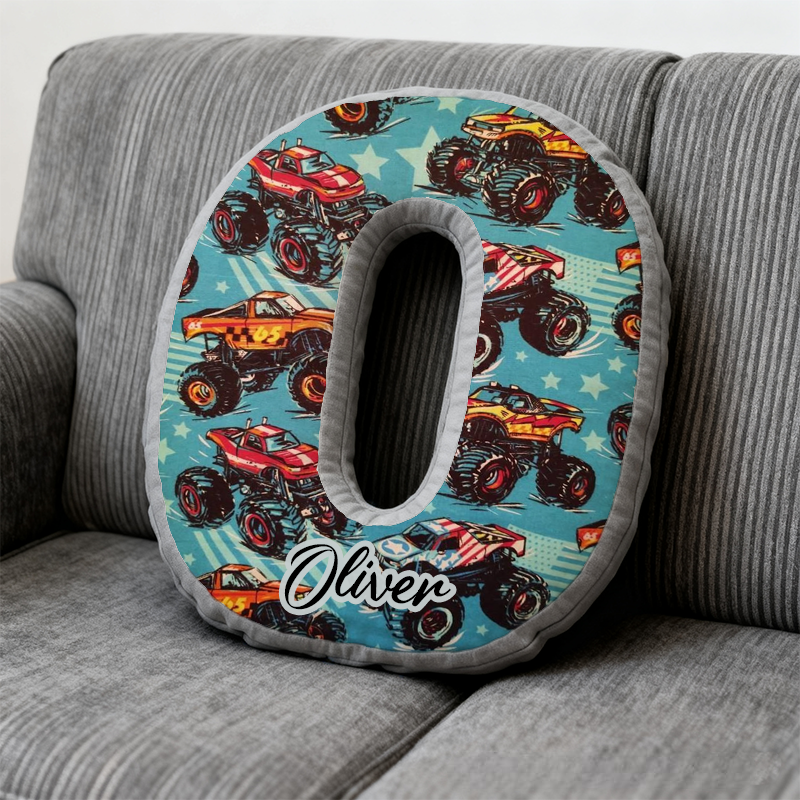 Personalized Monster Truck Initial Pillow with Custom Name Gift for Truck Enthusiasts