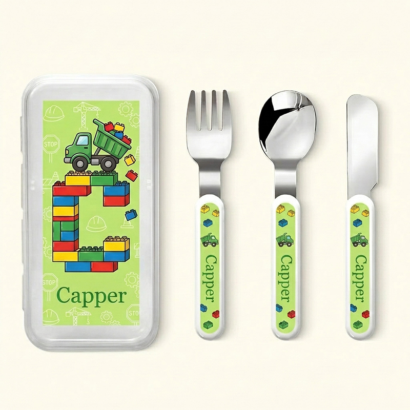 Personalized Kids Construction Cutlery Set with Case Dump Truck Building Blocks Fork Spoon Knife 3 Pcs Cutlery Set with Name and Case