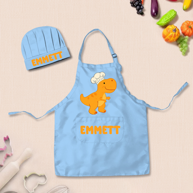 Personalized Cartoon Dinosaur Adjustable Kid Apron Chef Hat Set with Pocket and Name for Cooking Baking Birthday Holiday Gift for Kids