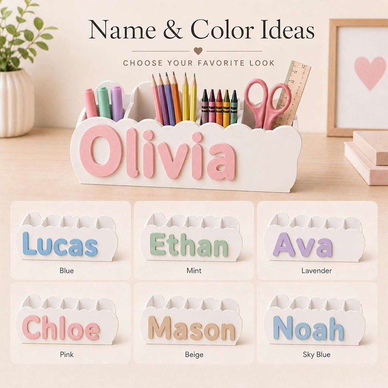 Personalized Name Pen Holder Desk Organizer 3D Printed Pencil Holder Kids Room Decor