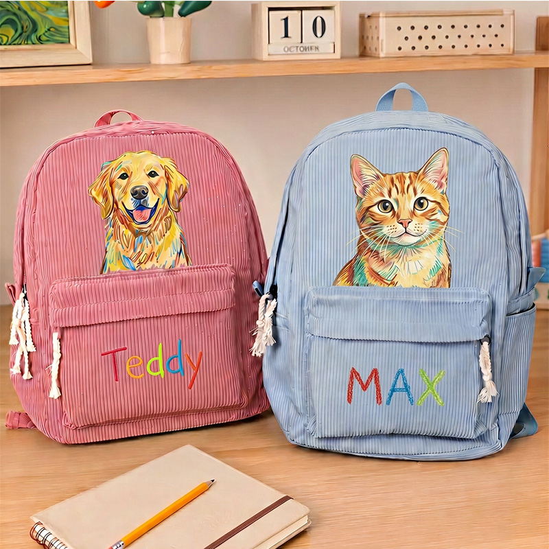 Personalized Corduroy Backpack Custom Photo Family Besties Dog Cat Portrait Hand‑Drawn Portrait