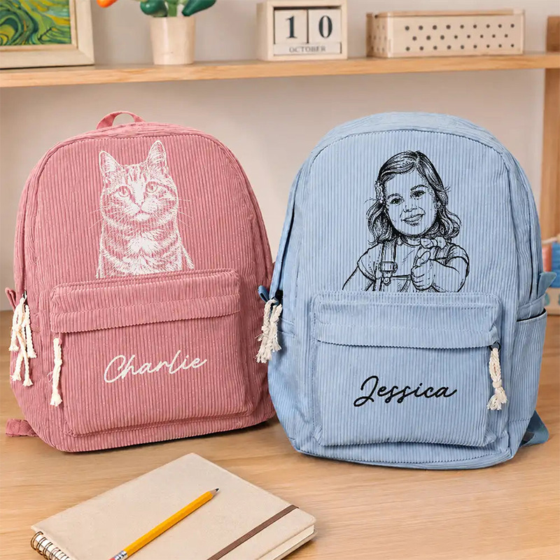 Personalized Corduroy Backpack Custom Photo Family Besties Dog Cat Portrait Pencil Sketch