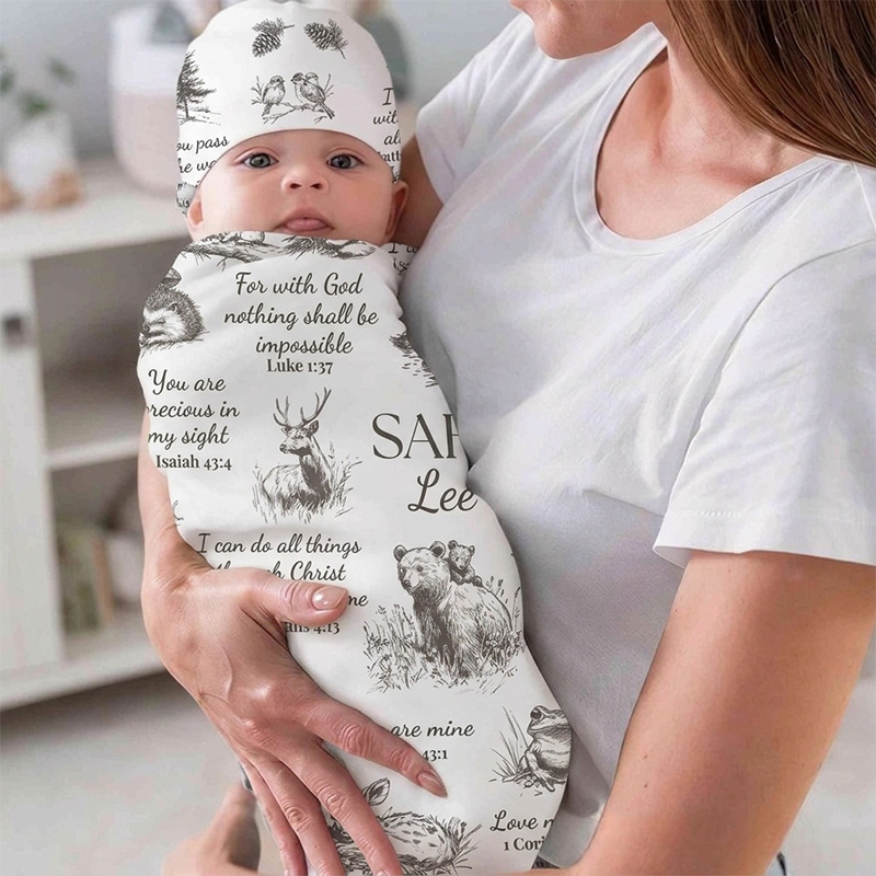 Personalized Christian Baby Swaddle & Hat Set Custom Name Scripture Wrap for Newborn