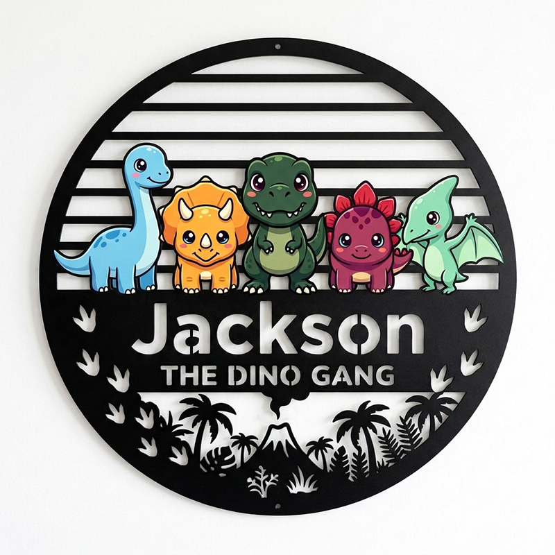 Personalized Dino Gang Metal Name Sign Custom Kids Dinosaur Room Wall Decor Bedroom Sign