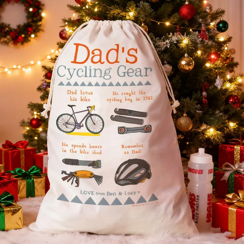 Personalized Merry Christmas Sack Family Christmas Gift Wrap Bag Cycling Storage Sack Mountain Bike Gift Cotton Cycling Kit Sports Bag Gift for Cyclist Bicycle Biker Riding Lovers