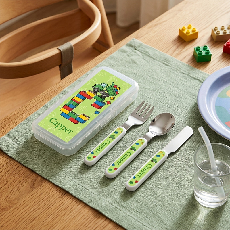 Personalized Kids Construction Cutlery Set with Case Dump Truck Building Blocks Fork Spoon Knife 3 Pcs Cutlery Set with Name and Case
