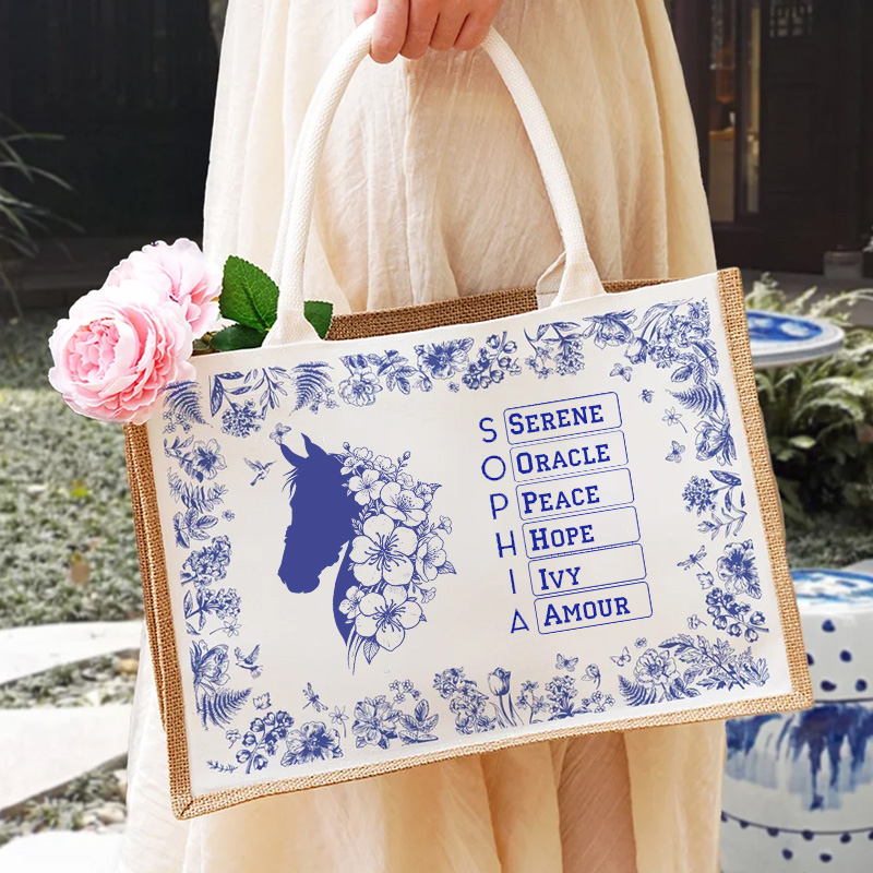 Personalized Toile De Jouy Horse Birth Flower Tote Bag with Name Birthday Gift for Riding Equestrian Lovers