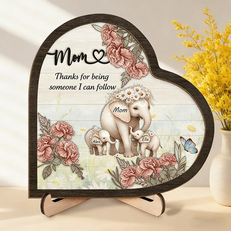 Personalized Thanks For Being Someone I Can Follow Birth Flower Sign Mom Elephant with Little Kids Wooden Plaque Gift for Mom Grandma Mother's Day