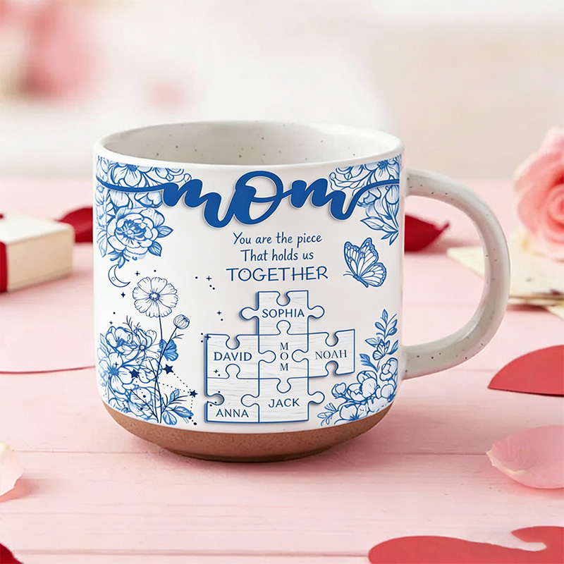 Personalized Mom Puzzle Piece Pottery Mug with Birth Flower You Are The Piece That Hold Us Together Mug Gift For Mom Mother's Day Gift