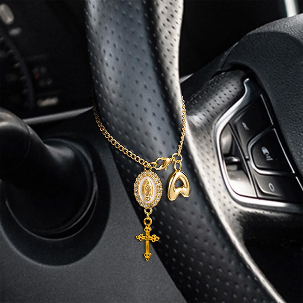 Personalized Zircon Virgin Mary & Cross Steering Wheel Rosary Charm with Bubble Initial – Car Decor, Prayer & Safety Gift for Christian Drivers