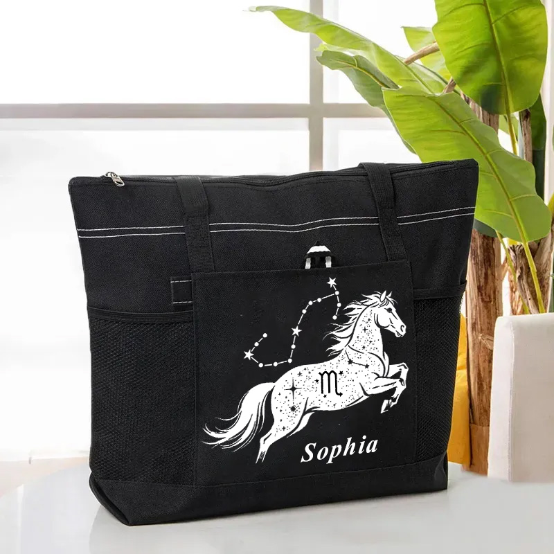 Personalized Zodiac Horoscope Horse Tote Bag with Name Travel Essentials Birthday Gift for Equestrain Lovers