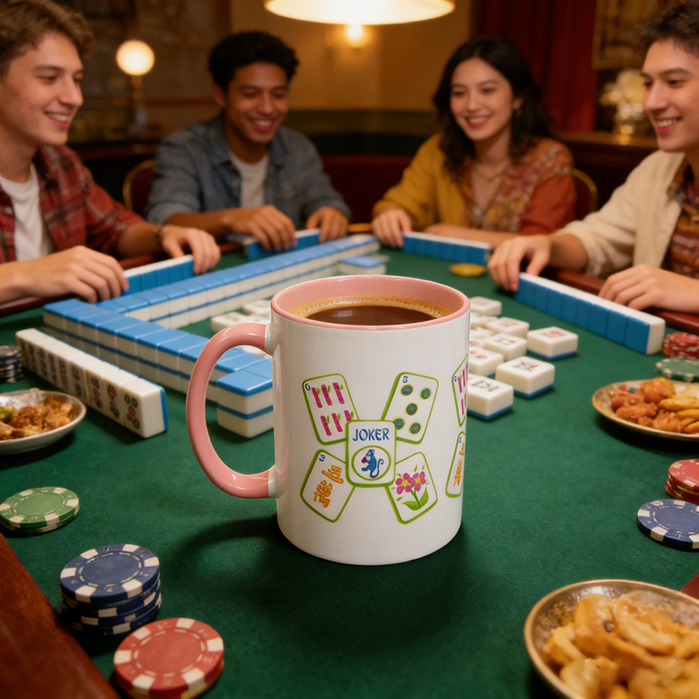 Pink and Green Mahjong Coffee Mug Mahjong Tile Design Ceramic Cup Gift for Mahjong Lovers Game Night Tea Cup