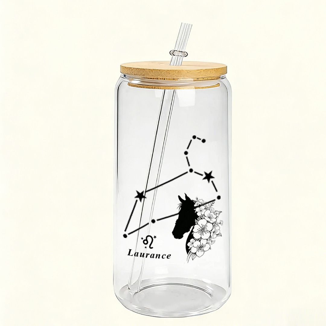 Personalized Name Zodiac and Horse Birth Flower Can Tumbler Glass with Bamboo Lids for Equestrain Lovers