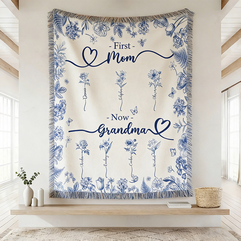 Personalized Grandma Blanket With Birthflower and Grandkids Names Woven Floral Throw Gift For Nana Gigi Mimi Custom Grandmother Mom Birthday Gift Mother's Day Gift