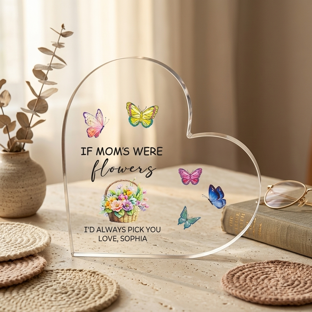 Personalized Heart Acrylic Plaque – ‘If Moms Were Flowers, I’d Pick You’ Mother’s Day Gift