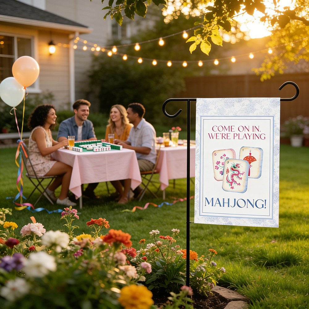 Mahjong Garden Flag Floral Welcome Sign for Porch or Patio Spring Outdoor Yard Decoration Gift for Mahjong Lovers